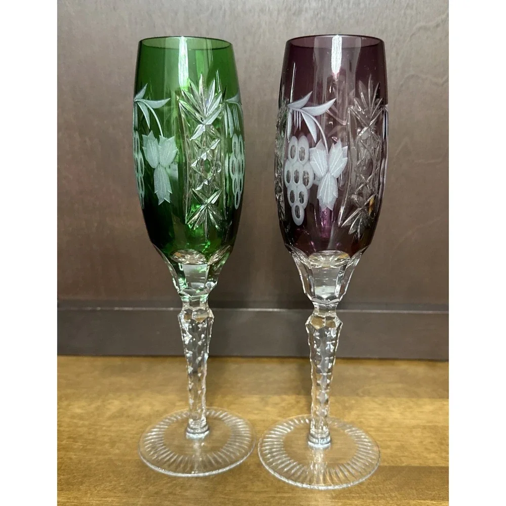 2 Ajka Crystal Glass Champagne Flutes Marsala Emerald Green & Purple 8 7/8